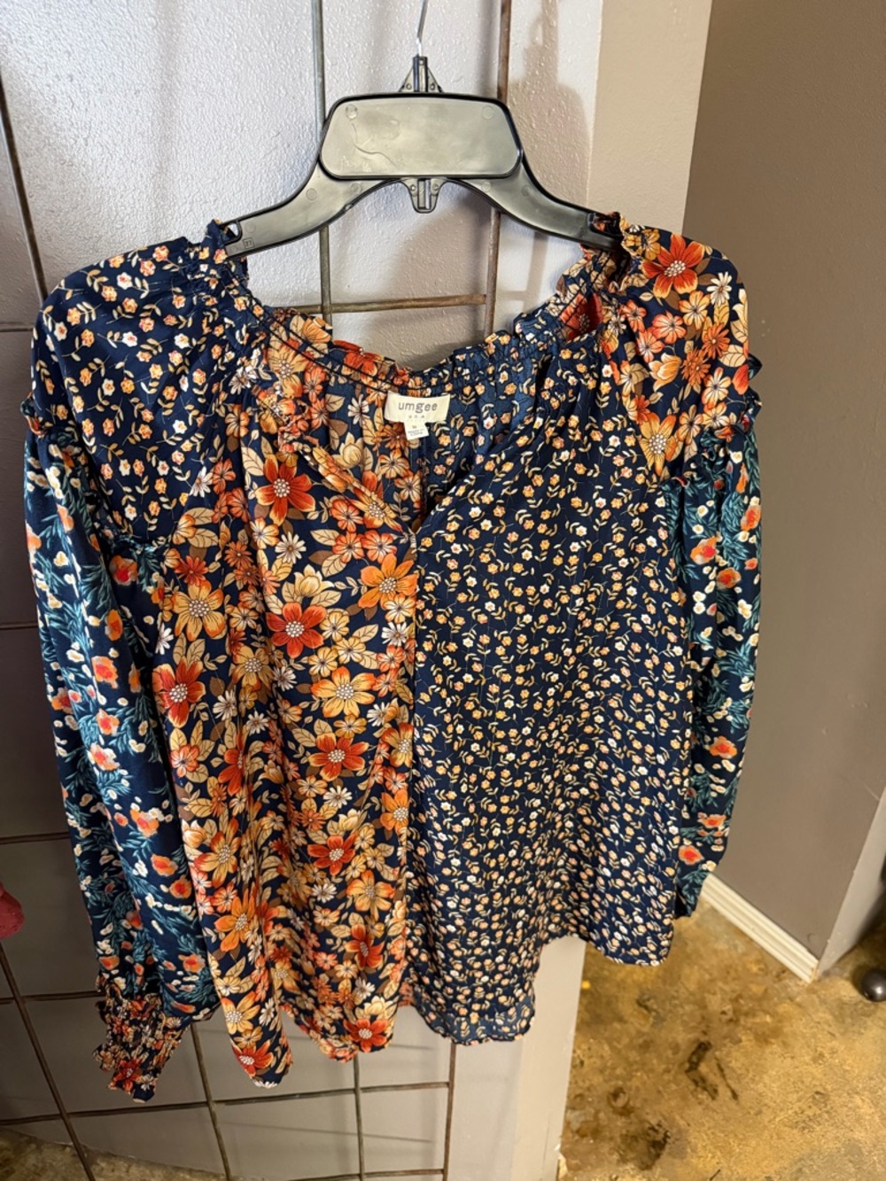 Umgee Navy Floral Patchwork Blouse with Orange Accents